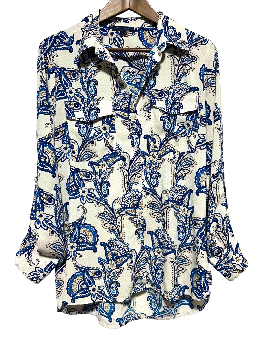 TOMMY HILFIGER Paisley Button Down Blouse Coastal Boho Preppy - Picture 2 of 9